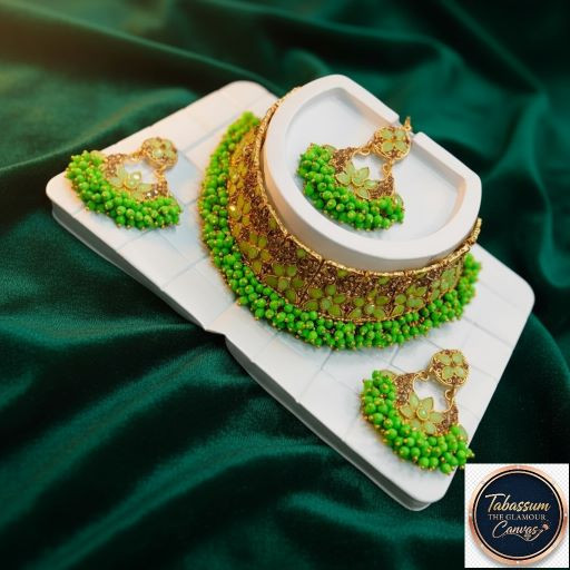 Exclusive Lime Green Beaded Bridal Choker Necklace and Earrings Set - Tabassum The Glamour Canvas