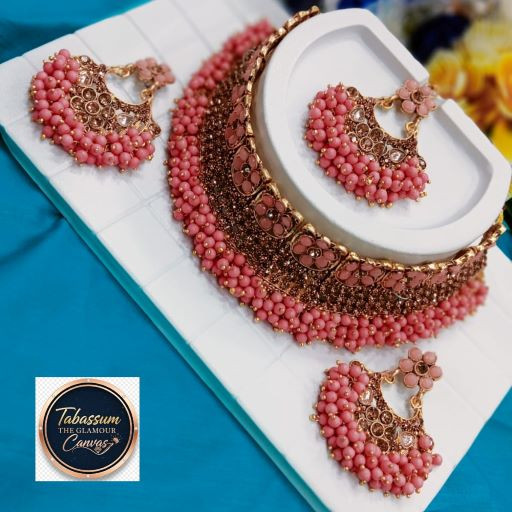 Exclusive Peach-Pink Beaded Bridal Choker Necklace and Earrings Set - Tabassum The Glamour Canvas