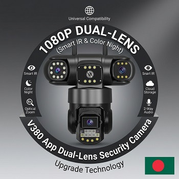 V380 App Dual-Lens Security Camera with Smart IR & Color Night Vision, Optical Zoom & 2-Way Audio System