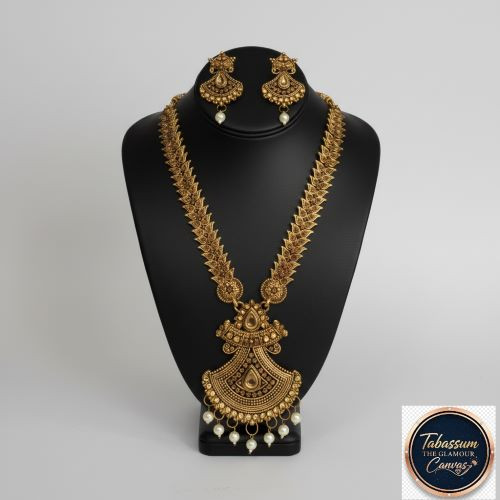 Charming Traditional Antique Gold Temple Jewelry Long Necklace Set