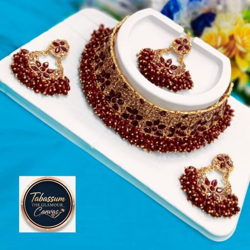 Exclusive Maroon Beaded Bridal Choker Necklace and Earrings Set - Tabassum The Glamour Canvas