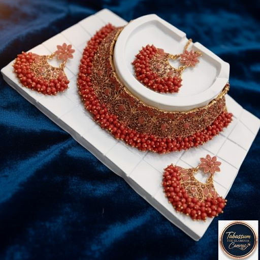 Party Bridal Choker Necklace Earrings & Tikli Jewellery Set