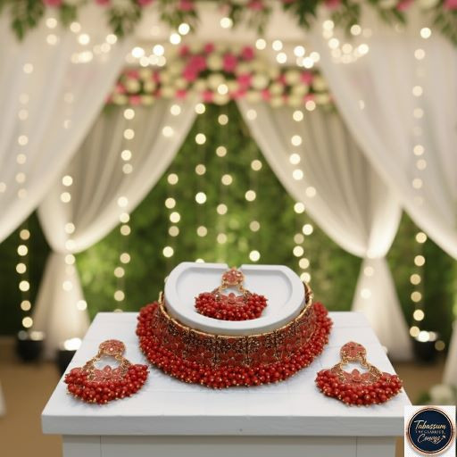 Premium Red Beaded Bridal Choker Necklace and Earrings Set - Tabassum The Glamour Canvas