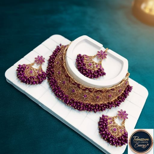 Exclusive Purple Beaded Bridal Choker Necklace and Earrings Set - Tabassum The Glamour Canvas