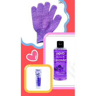3 in 1 Shower Combo Set - Skino Shower gel,Shower Exfoliating Gloves & Bath Salt