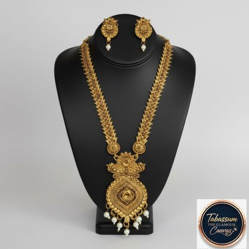 Charming Traditional Antique Gold Temple Jewelry Long Necklace Set