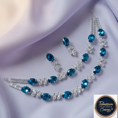 Diamond Cut Blue Stone Jewelry Set (Necklace & Earrings)