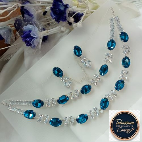 Diamond Cut Blue Stone Jewelry Set (Necklace & Earrings)