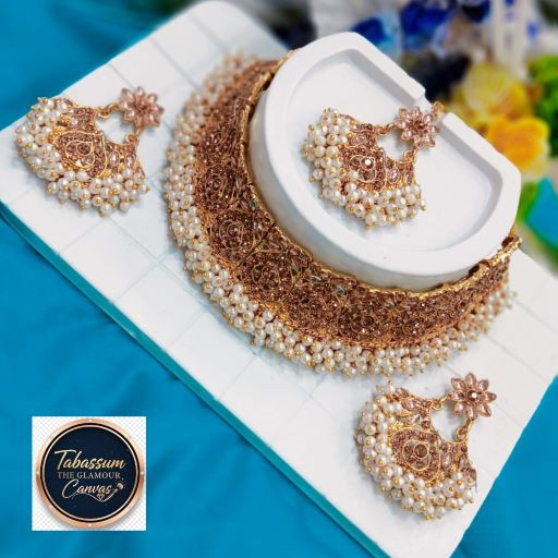Premium White Beaded Bridal Choker Necklace and Earrings Set - Tabassum The Glamour Canvas