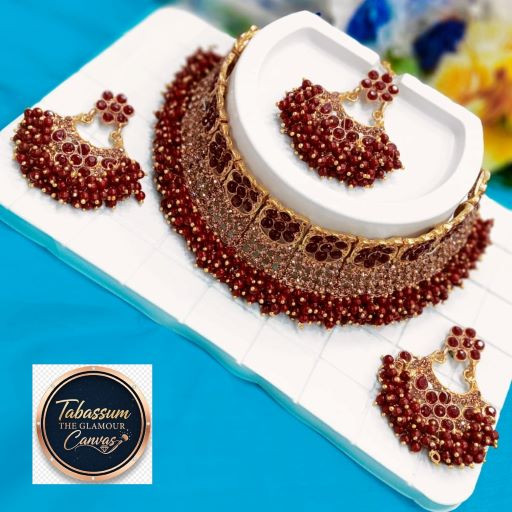 Bridal Choker Necklace Earrings & Tikli Jewellery Set